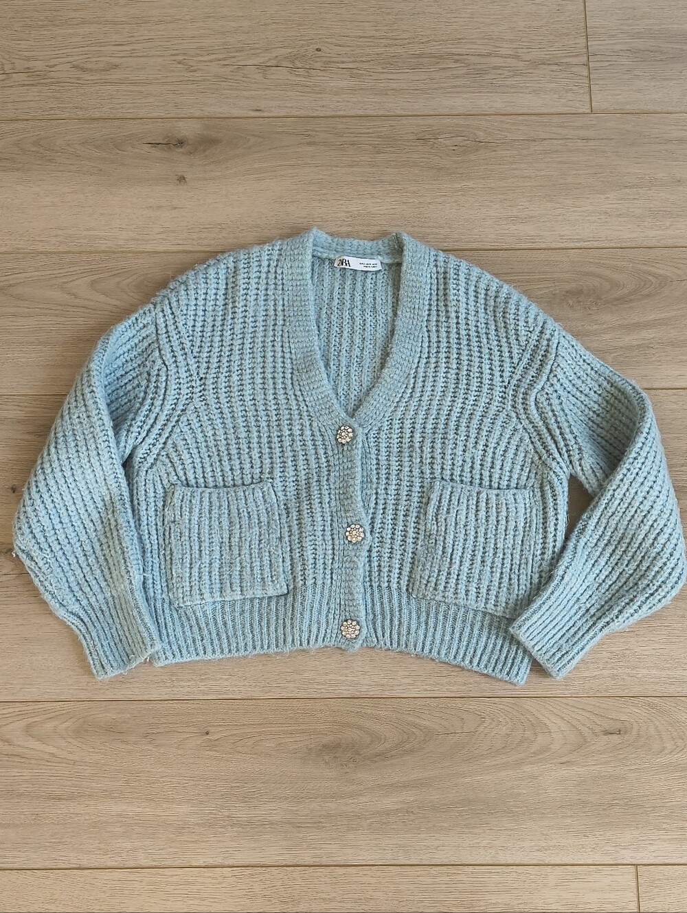 Zara Light Blue Fuzzy Knit Sweater With Rhinestone Buttons | Size Small